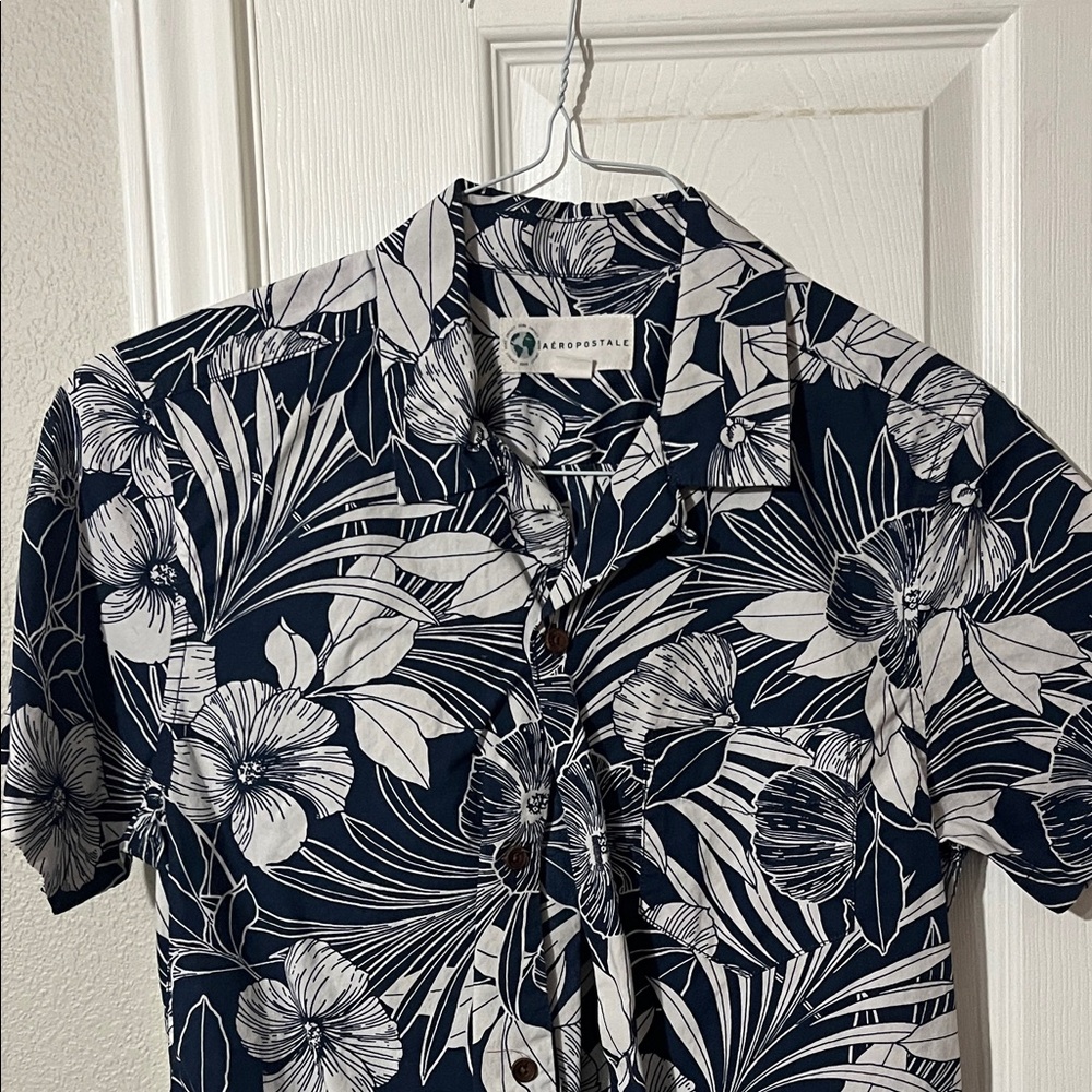 Aeropostale Men's Dark Blue Floral Button Down Shirt